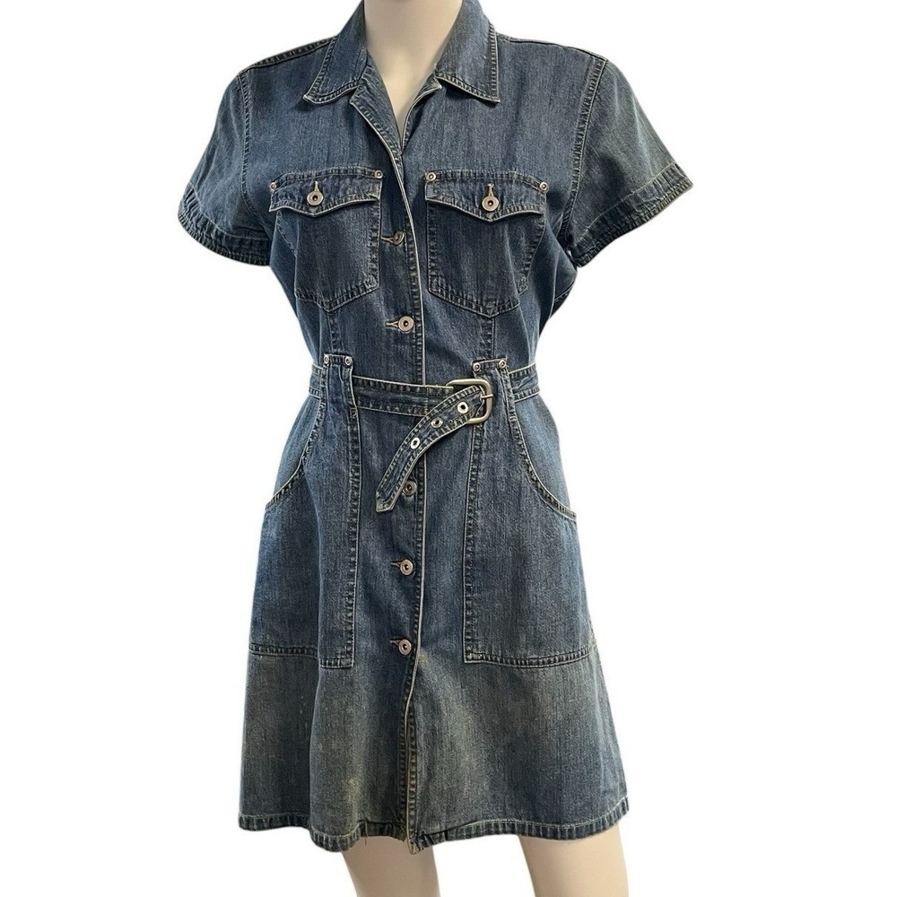 Vintage Liz Claiborne Denim Mini Dress 4 Button‎ Up Belt Western Country Cowgirl